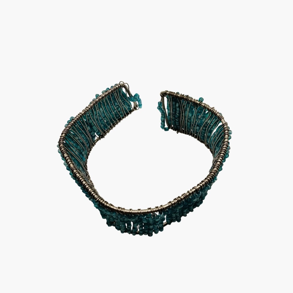 Beaded Cuff Bracelet Handcrafted Wire Wrapped Turquoise Adjustable Open Boho