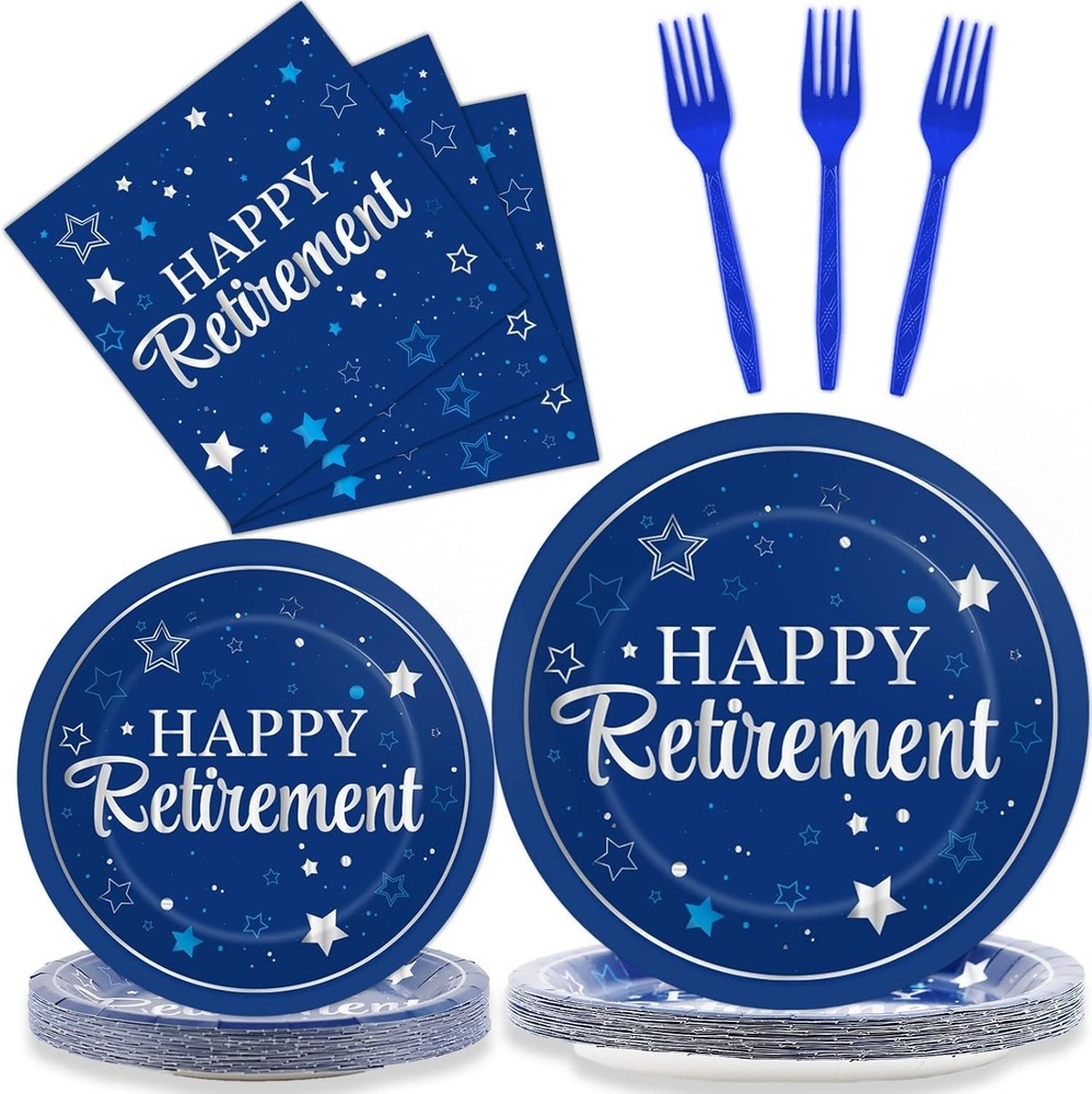 Happy Retirement Party Paper Plates and Napkins Sets Decorations Silver