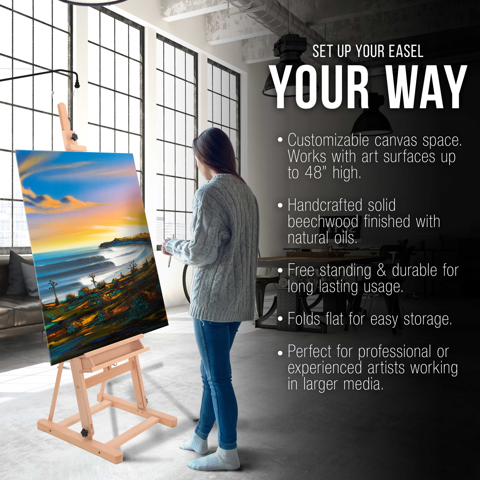 Wooden Beechwood Adjustable H-Frame Studio Easel, Artist Storage Tray 48" Canvas