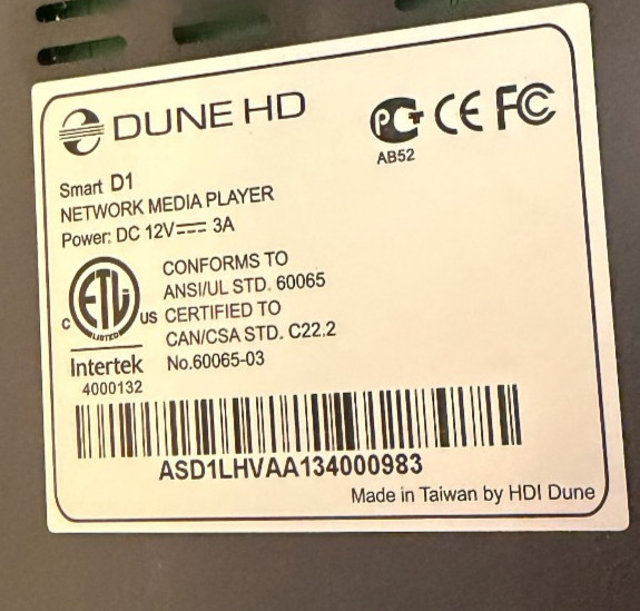 Dune HD Smart D1 Media player- Power Adapter and Remote Controller