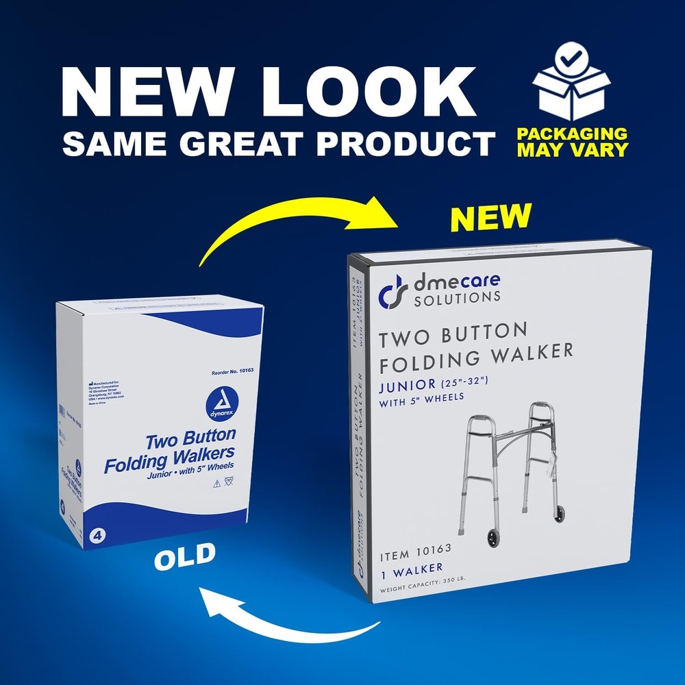 Junior Two-Button Folding Walker with Wheels has Tool-Free Adjustable Height