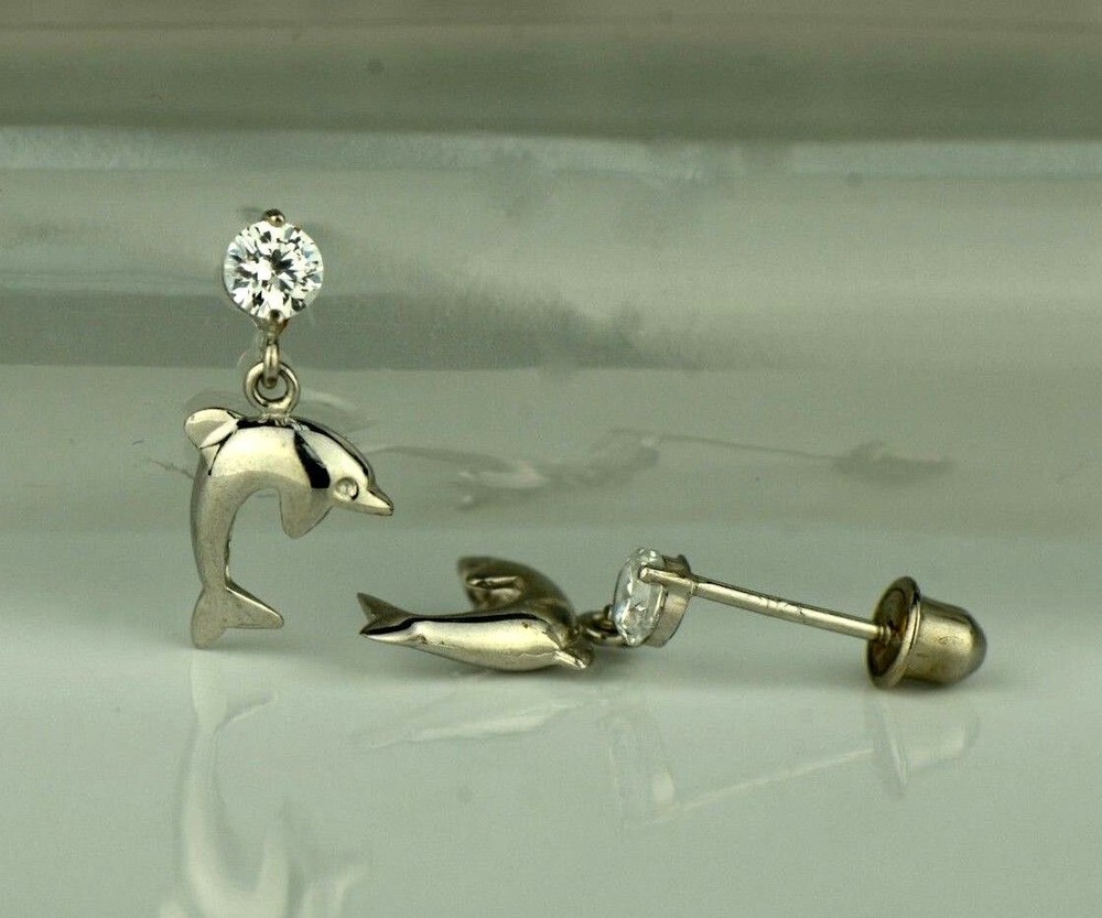 14k Yellow or White Gold CZ Dolphin Stud Earring