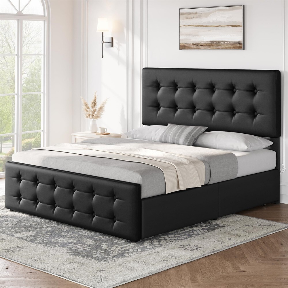✅Full Size Bed Frame with 4 Storage Drawers and Headboard Upholstered Platform