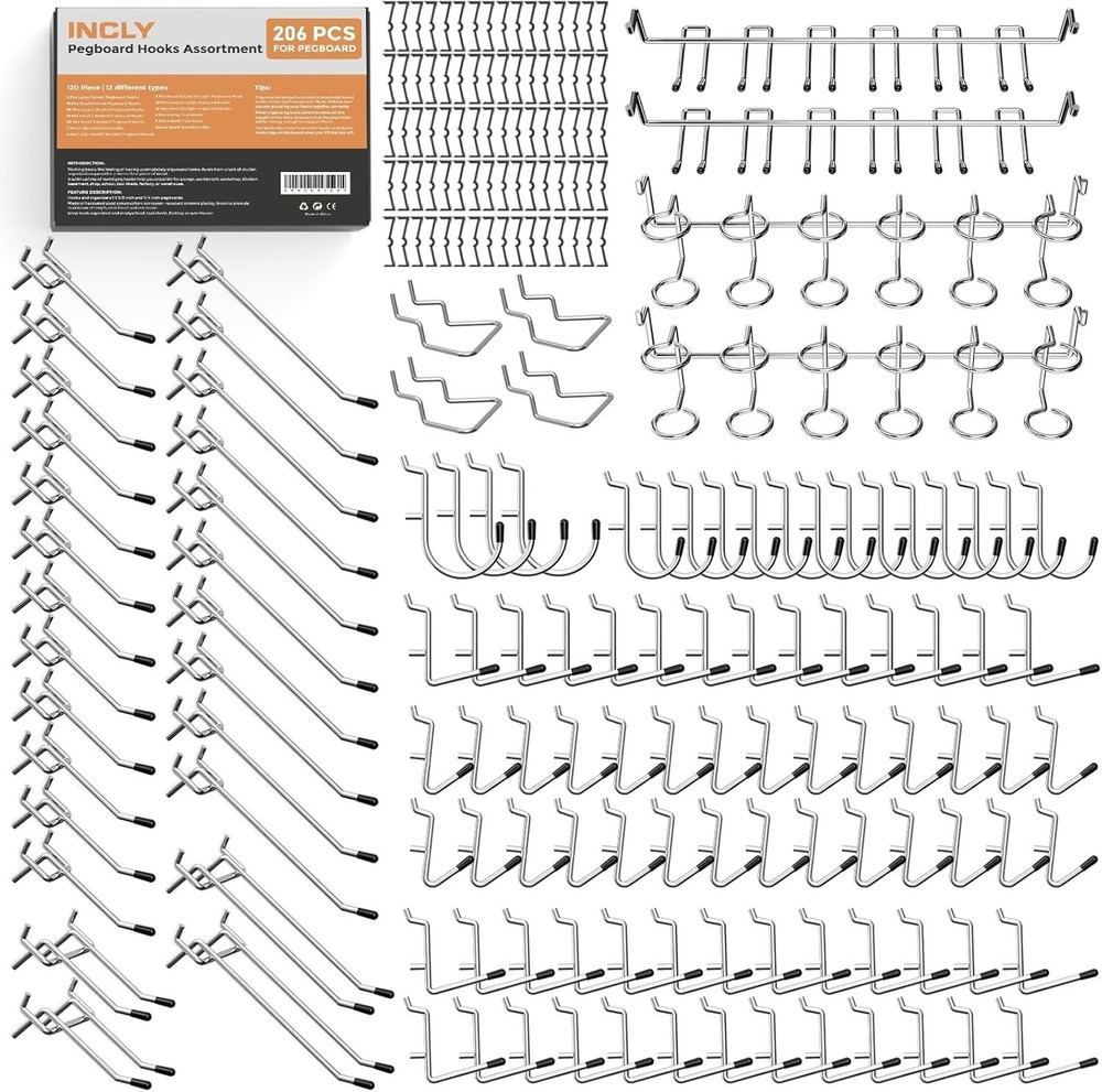 1/4" Pegboard Hooks Set for Hanging Tools, 206PCS Heavy Duty Peg Hook Hanger ...