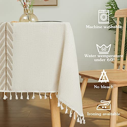 Rustic Cotton Linen Table 86" x 55" (Rectangular) Beige, Wine Leaf