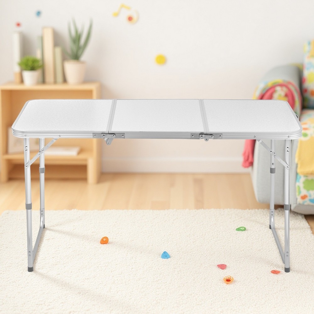 Folding Camping Table 4ft - Adjustable 3-Fold Patio Picnic Aluminum Frame White