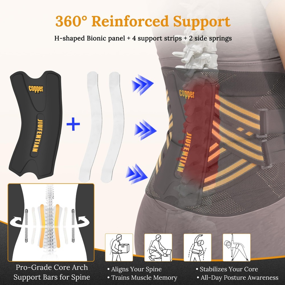 JIUFENTIAN Copper Back Brace Lower Back Pain Support Herniated Disc Sciatica Rec