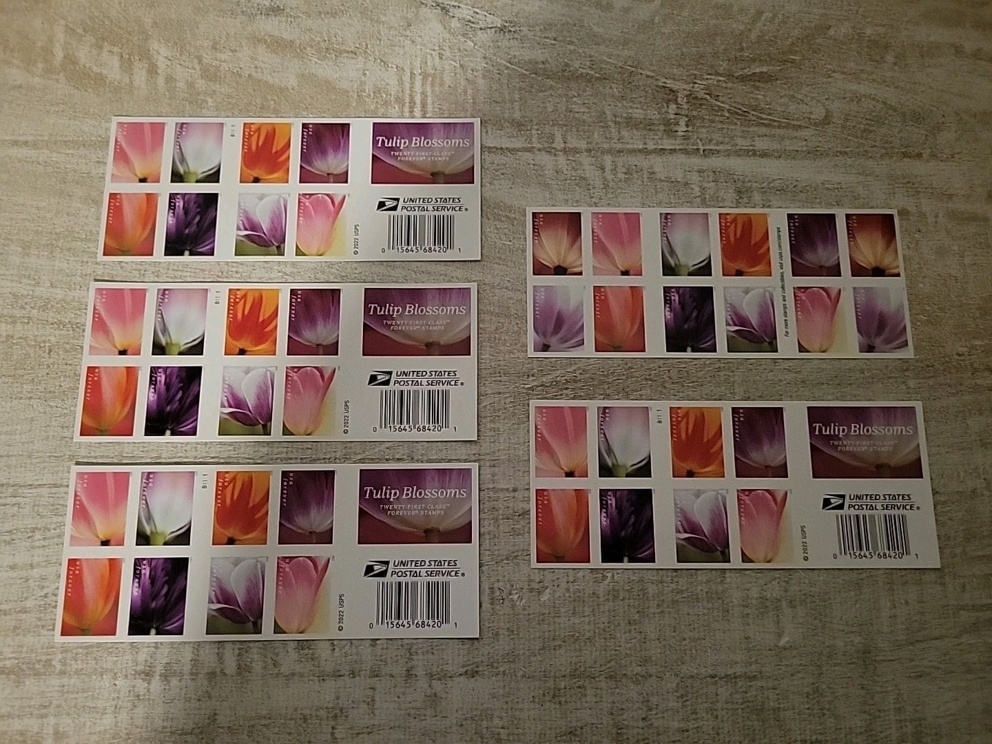 (5) Books of Tulip Design - 4ever postage-  100 Pieces Total - Retail $ 78