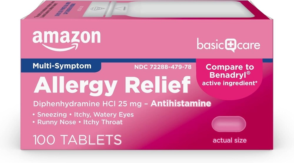Amazon Basic Care Diphenhydramine 25mg Tablets 100ct Compare to Benadryl