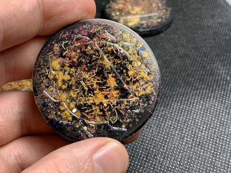Solar Plexus Chakra Orgonite® Tower Buster - Psychic Orgone Generator® Mini Disc