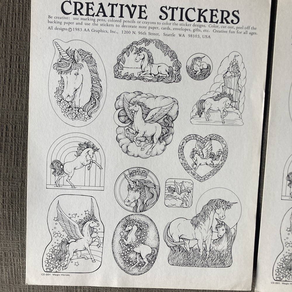 Vintage 1983 AA Graphics Creative Stickers Sheets- “Magic Horses” - Rainbow Anim