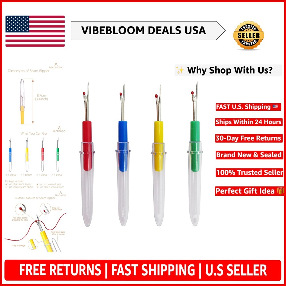 Delicate Fabric Seam Ripper Pack - 4 Assorted Colors with Protective Covers