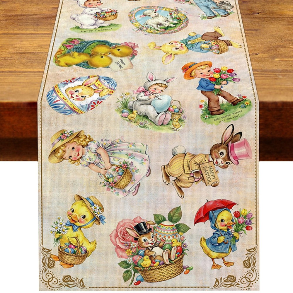 Heyfary Vintage Easter Table Runner Spring Retro Bunny Duck Multi Color
