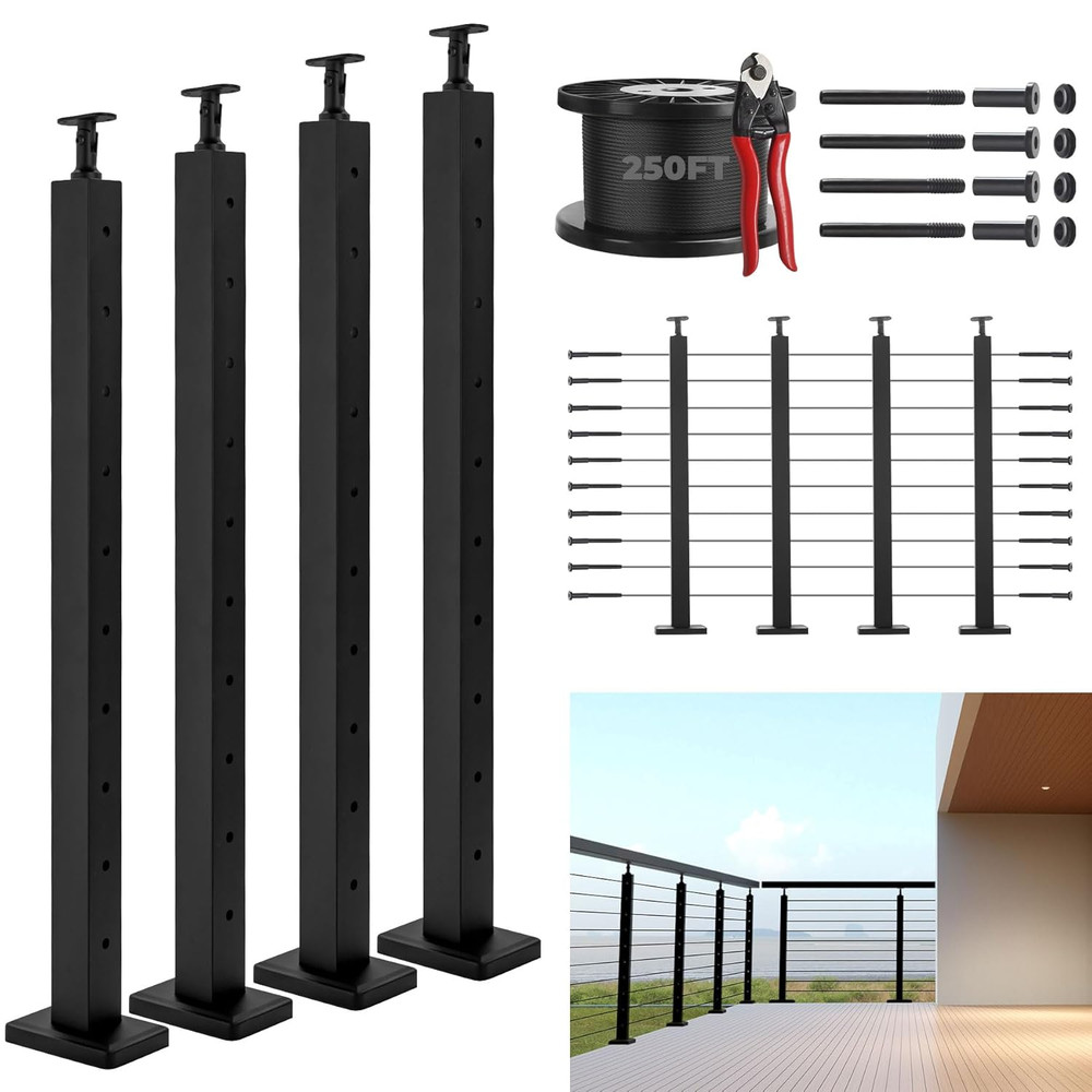 36" Stainless Steel Cable Railing Post Kit - 4 Pack with 250FT Cable & Accessori