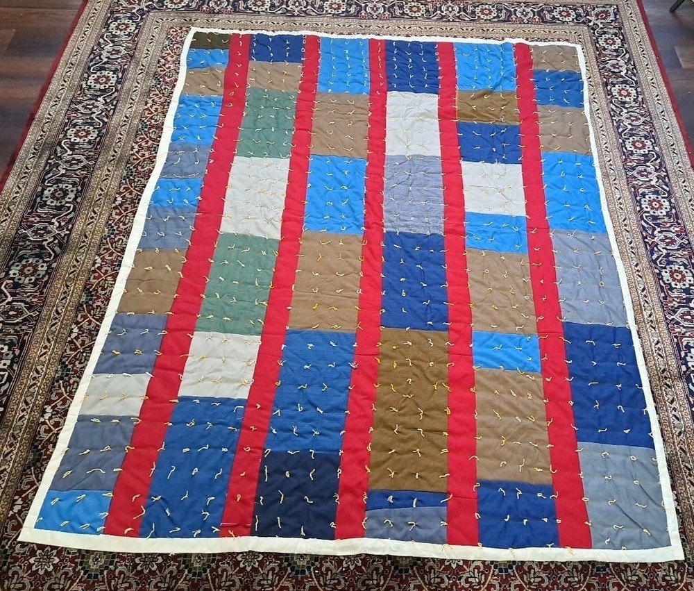 Handmade Patchwork Quilt Multi-Color Squares With Tied Knots As Is
