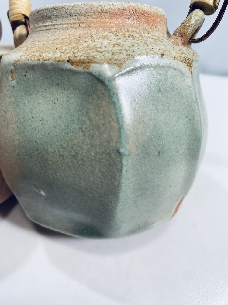 Studio Pottery Celadon Teapot Small Ceramic Rattan Wrapped Handle