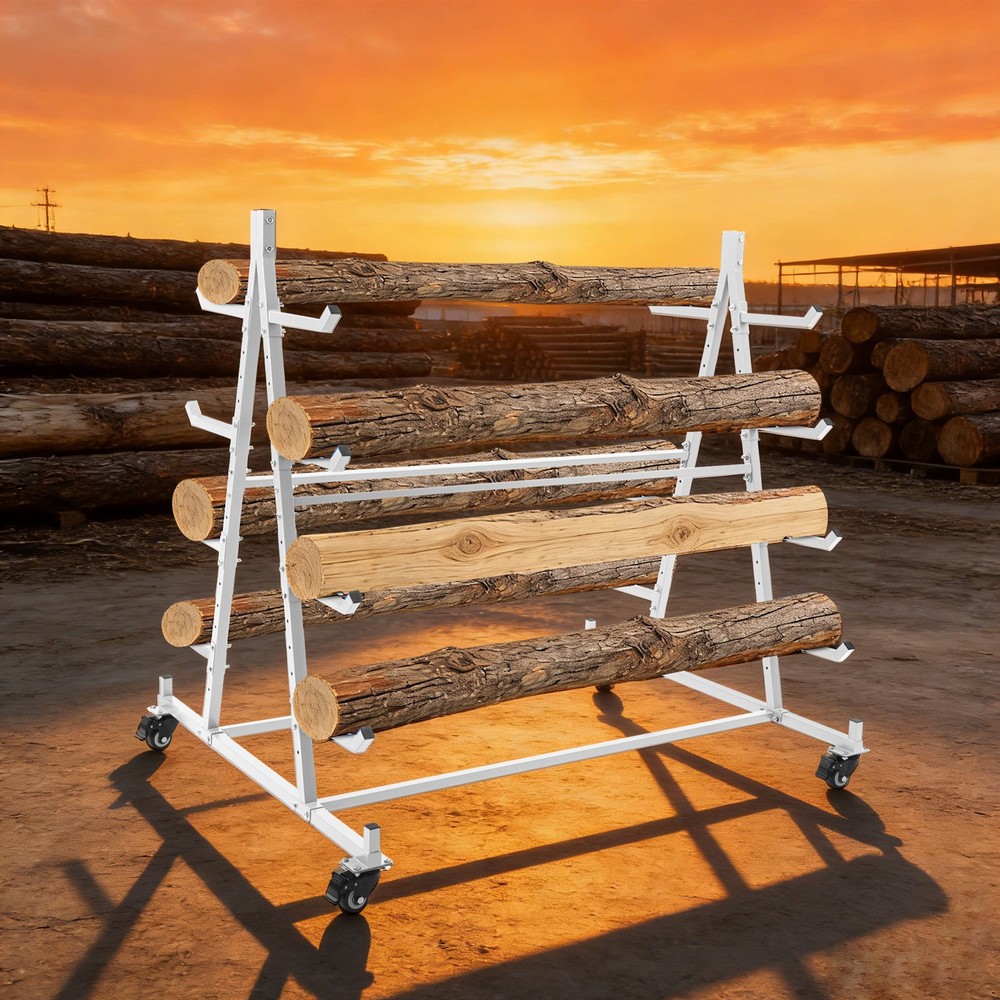 5-Tier Horizontal Material Rack, White Iron Pipe & Lumber Storage with 4 Wheels