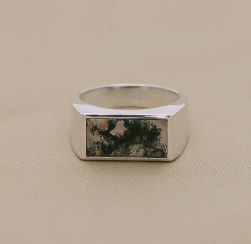 Sterling Silver Moss Agate Rectangular Signet Ring – Unique Natural Gemstone Des
