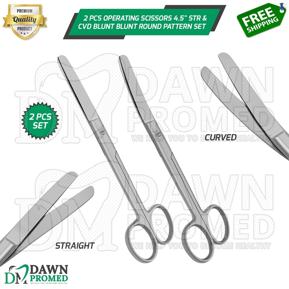 2 Pcs Operating Scissors 4.5" Straight & Curved Blunt Blunt Round Pattern Set