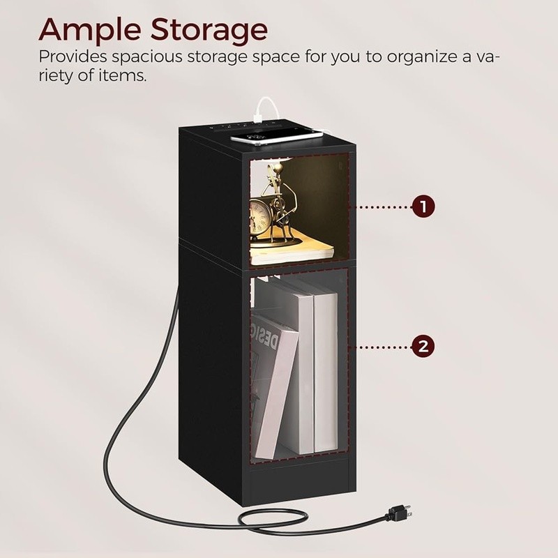 Narrow Nightstand Charging Station LED Sensor Light Modern Side Table Storage US