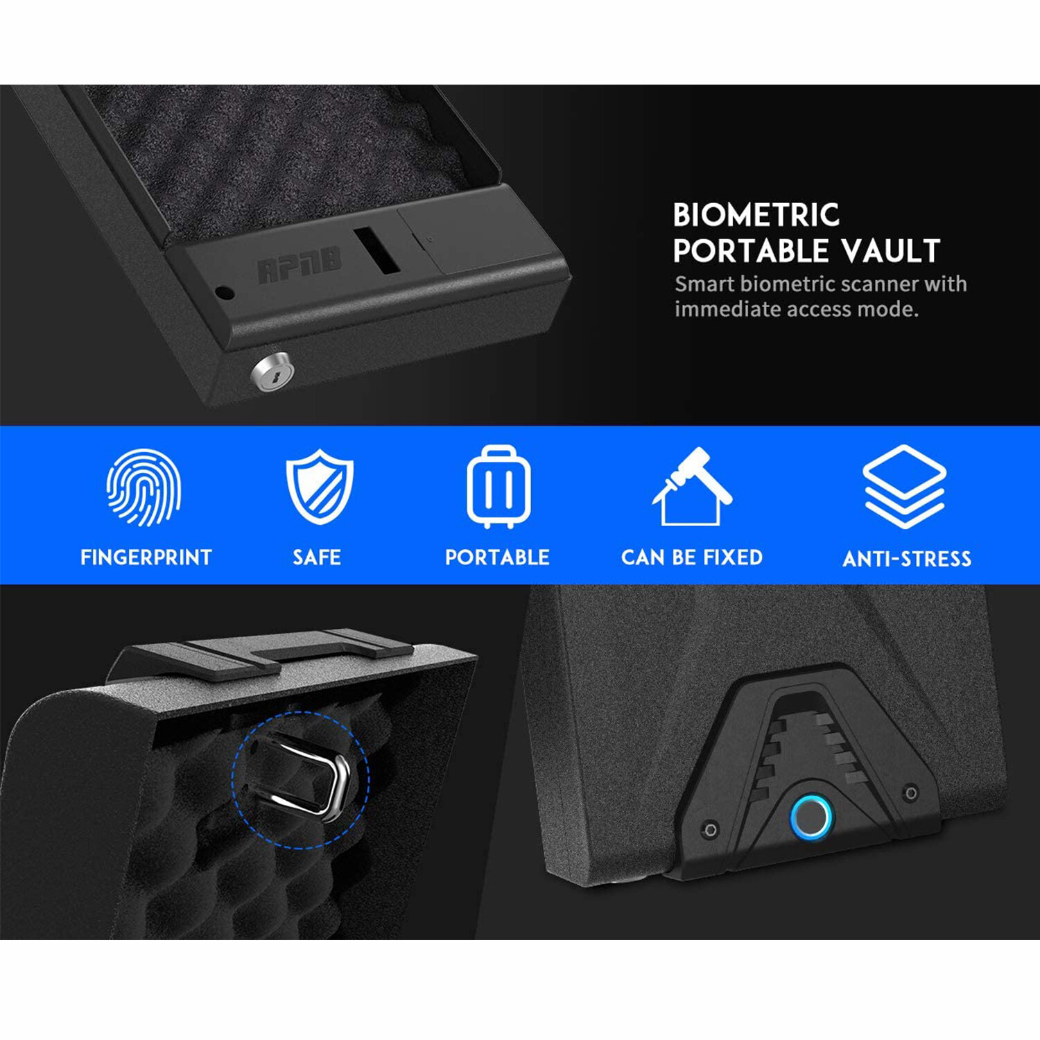 RPNB Black Biometric Fingerprint Gun Safe Quick Access LED Light， Open Box