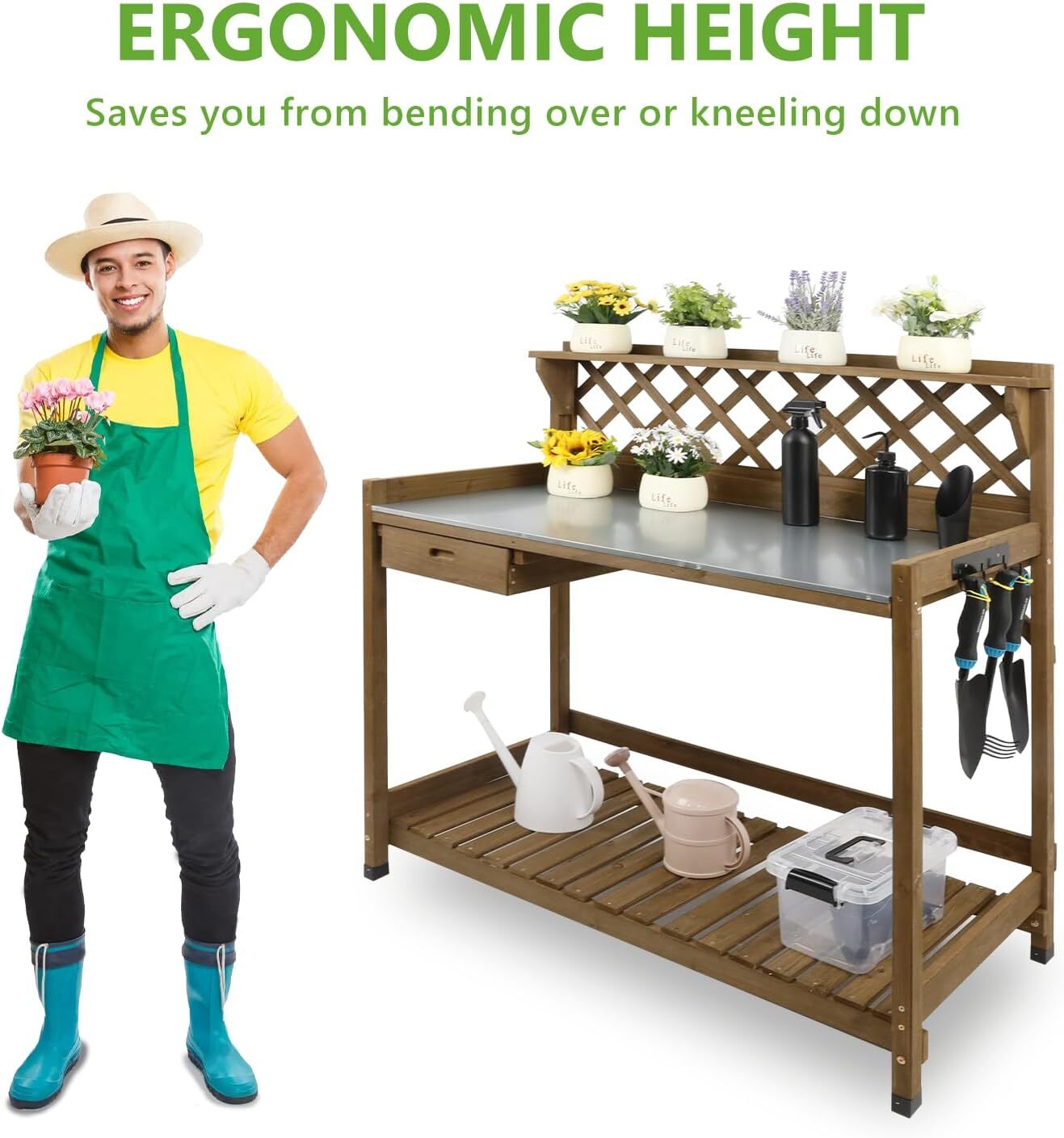 PetsCosset Outdoor Potting Bench Table Wooden Lattice Back Work Station