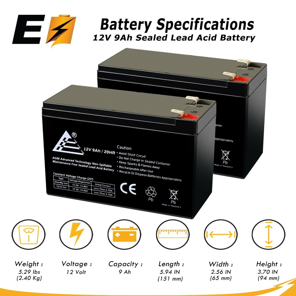 2 Pack | 12V 9AH sealed lead acid battery razor e200s/ e300s