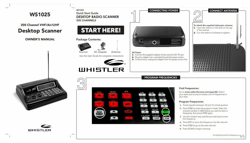 WHISTLER WS-1025 SCANNER OPERATING MANUAL + QUICK START GUIDE