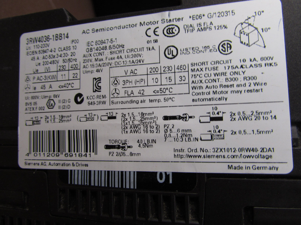 Siemens 3RW4036-1BB14 Soft Starter