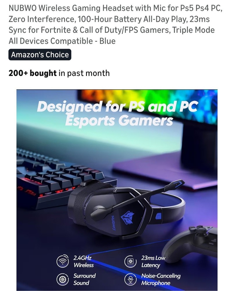 NUBWO Wireless Gaming Headset with Mic for Ps5 Ps4 PC, Zero Interference, 100-Hr