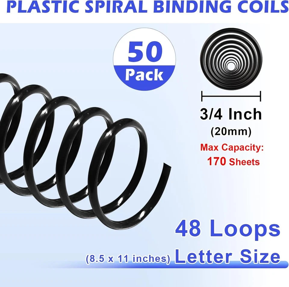 50 Pack Plastic Spiral Binding Coils,20Mm(3/4 ") Binding Spirals,170 Sheet Capac