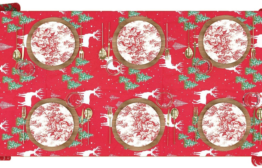 Table Cloth Holiday Christmas Forest Green Tree 100% Cotton Rectangular Table...