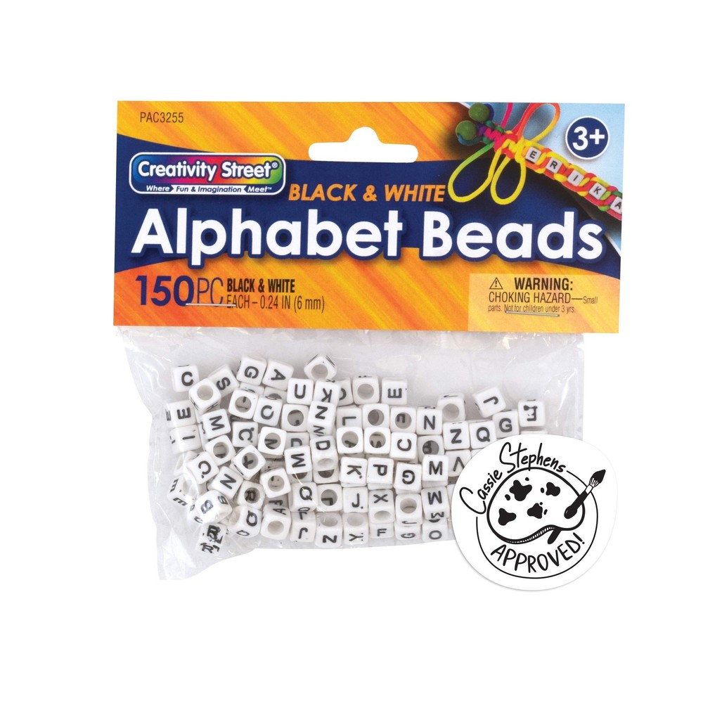 Creativity Street Alphabet Beads, Black and White, 6mm, Set of 150