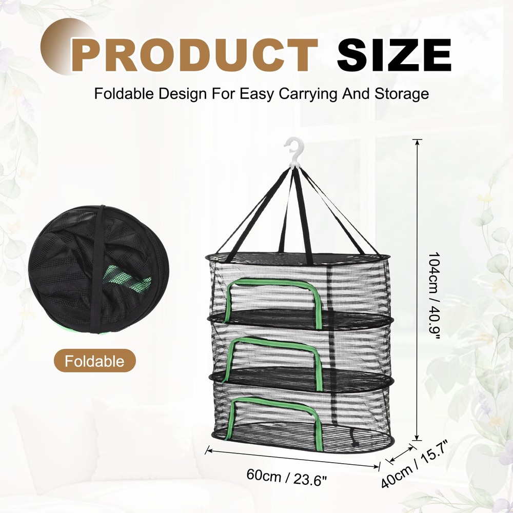 Herb Drying Rack, 24" 3-Layer Hanging Drying Mesh Net, Black