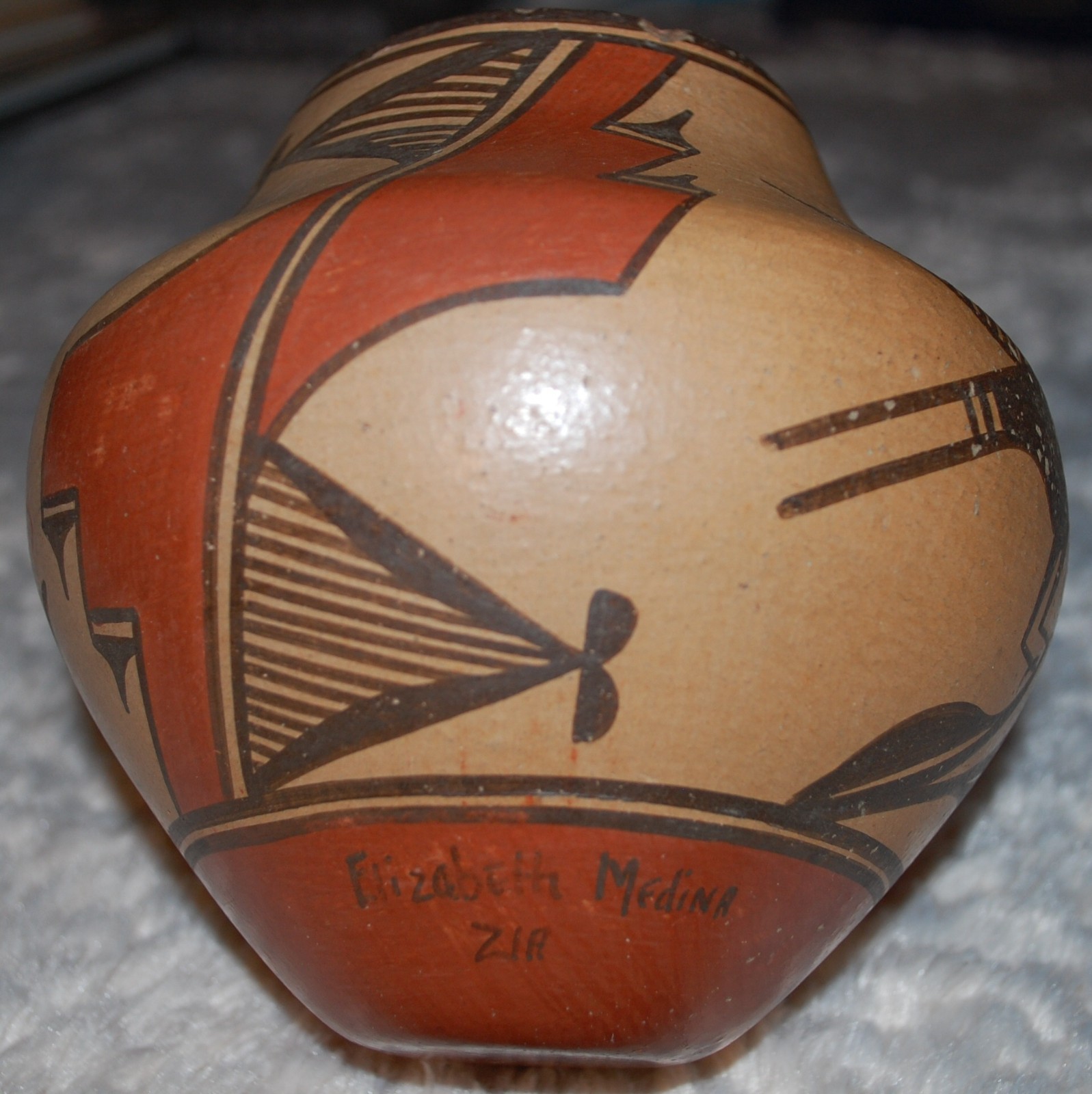 Vintage-1930-40 Zia Pottery Jar Roadrunner, Flower & Geometric designs-E. Medina