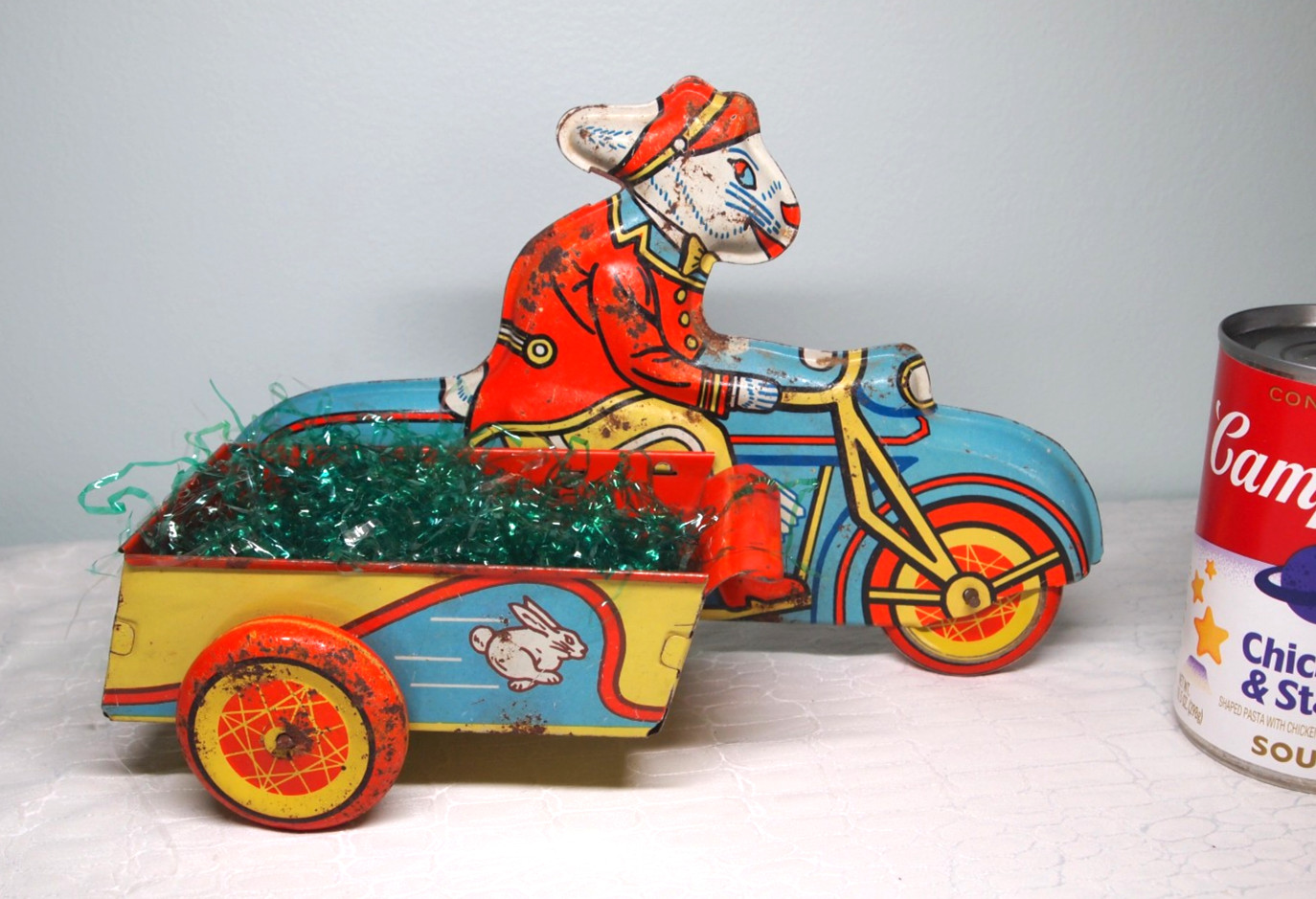 Vtg Tin Easter Car Bunny Delivery Motorcycle & sidecar rolled steel litho