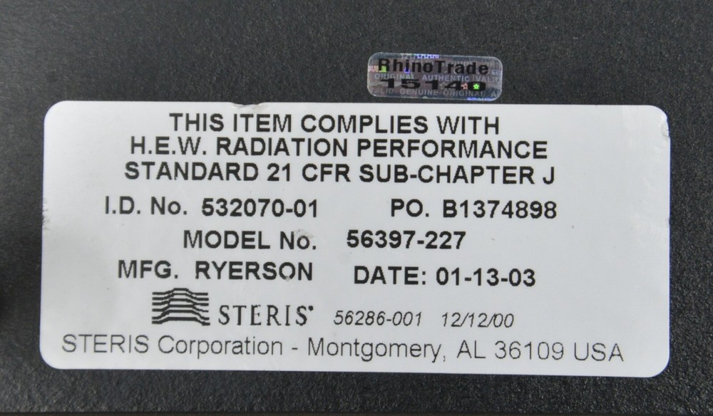Steris Radiolucent Imaging Table Top Platform Model 56397-227