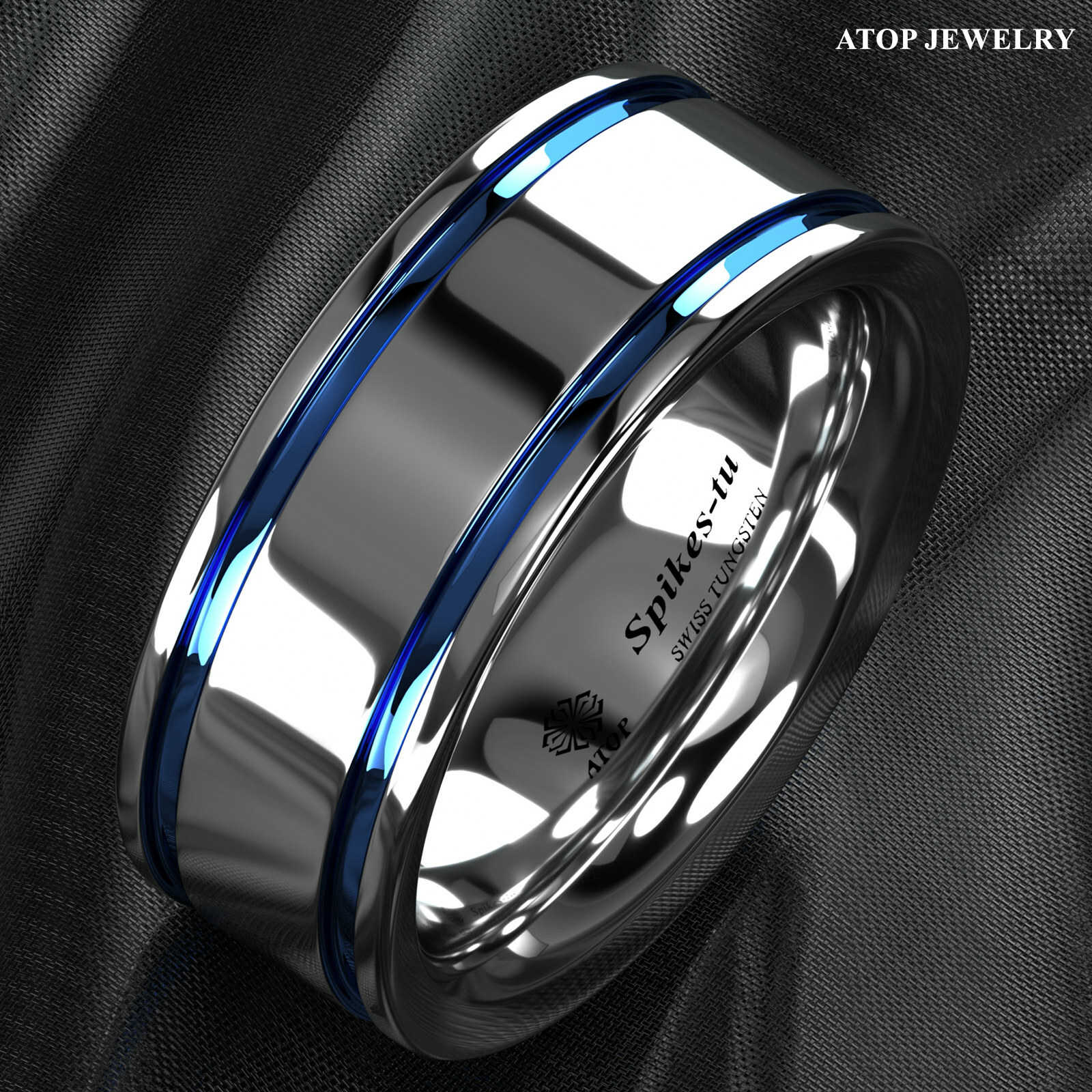 8mm Tungsten Carbide Ring Blue Grooved Line For Men Wedding Band ATOP Jewelry