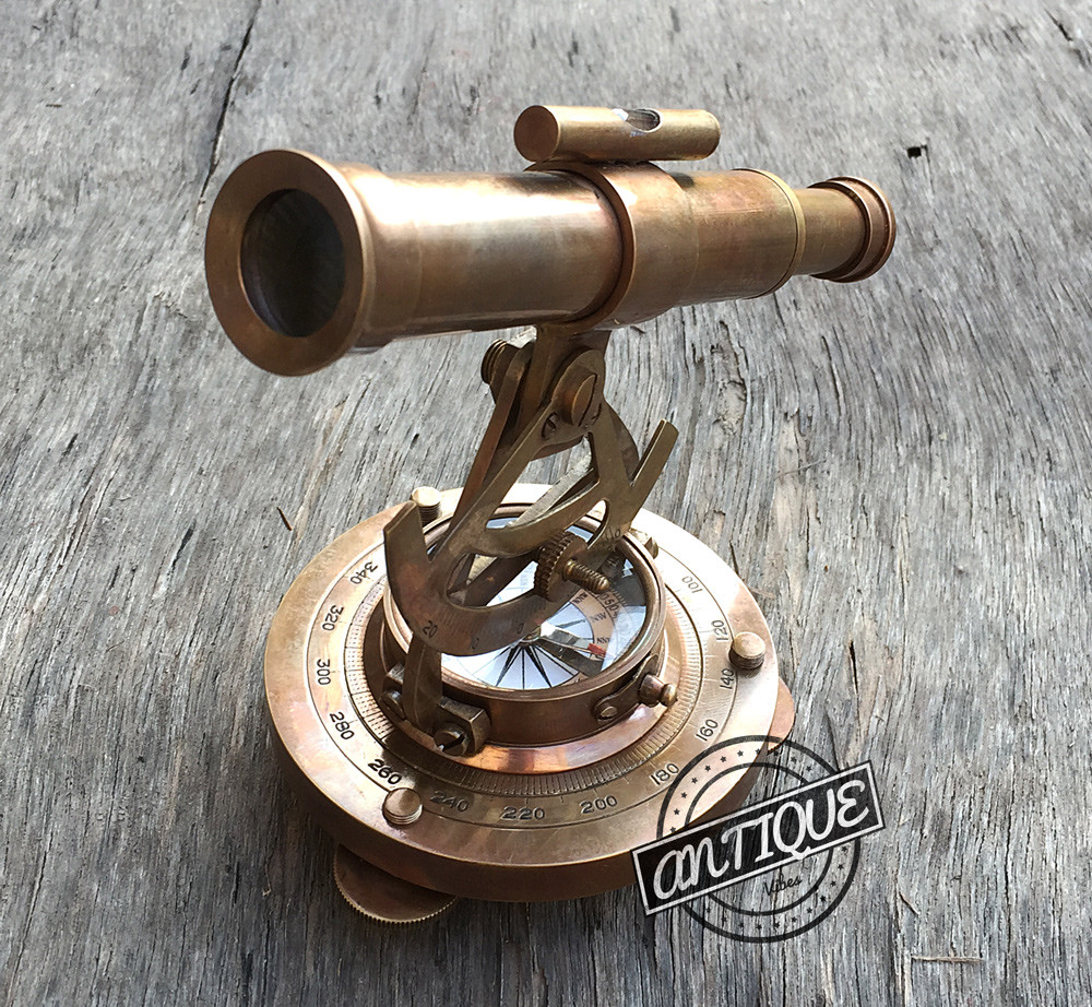 Vintage Solid Brass Theodolite Survey Alidade & Telescope Compass Instrumen