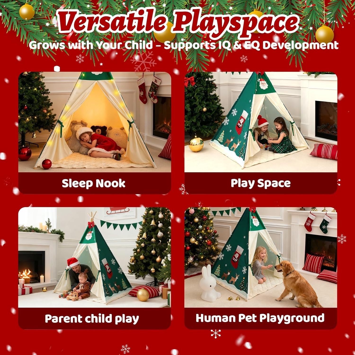 Versatile Kids Teepee Tent with Padded Mat & Star Lights - Perfect Holiday Gift
