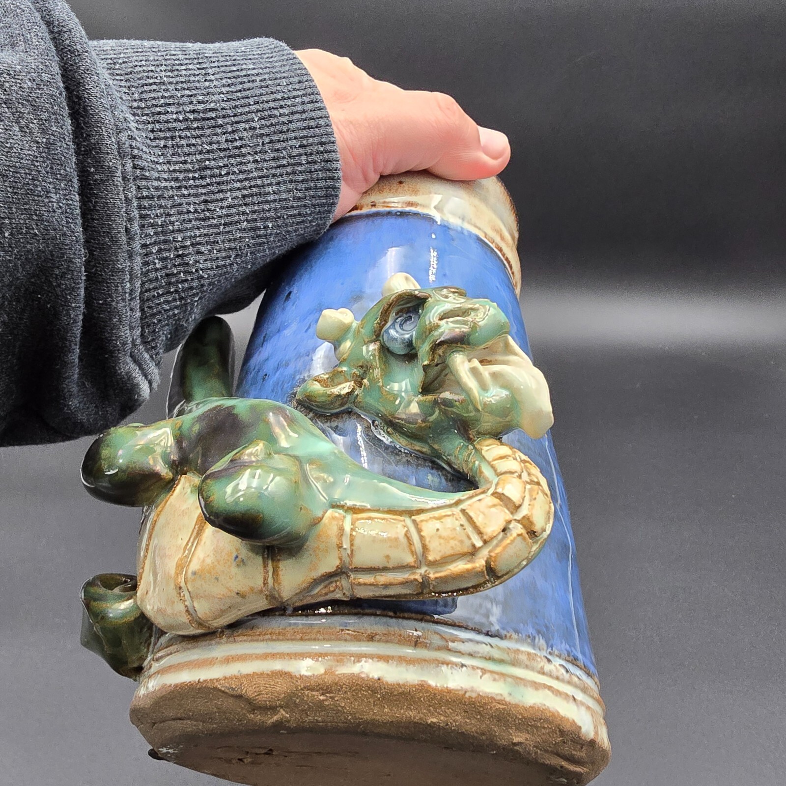 Studio Art Pottery Dragon Mug Stein Cup Large Artist Signed CM HR 7" tall