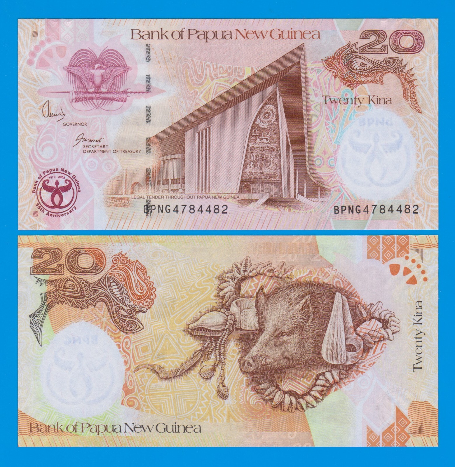 Papua New Guinea 20 Kina P 36 UNC ND 2008, 35th Anniversary COMMEMORATIVE