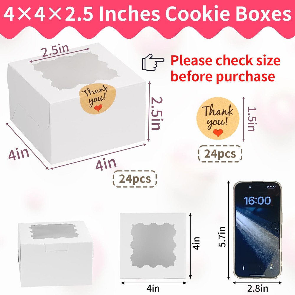 24pcs White Cookie Boxes, 4x4x2.5 Inches Bakery Boxes with Window, for Mini C...