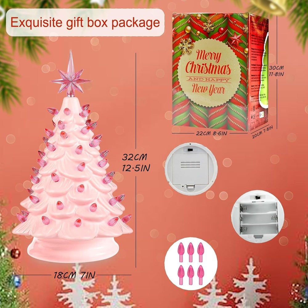 "13"" Pre-Lit Ceramic Christmas Tree Hand-Painted Tabletop with Lights "