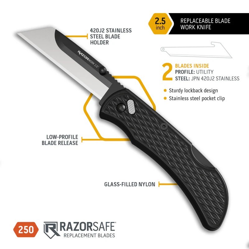 RazorWork® Replaceable Blade Folding Utility Knife 2.50" 420J2 Plain Edge