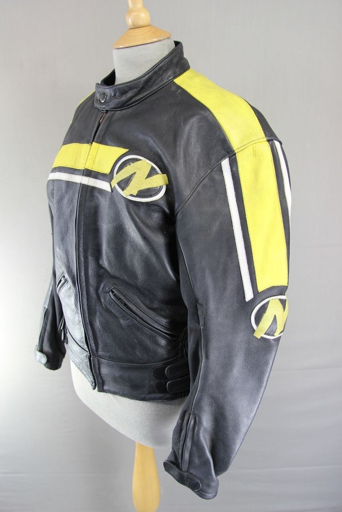 NITRO BLACK, YELLOW & WHITE LEATHER BIKER JACKET 36-38 INCH/SMALL