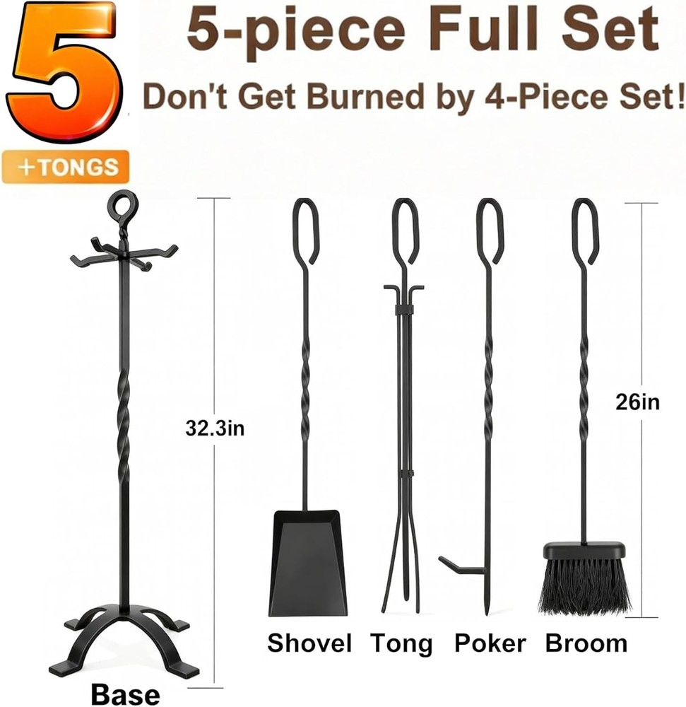 Durable 5-Piece Fireplace Accessory Kit - Wrought Iron Tools for Every Fire Pit