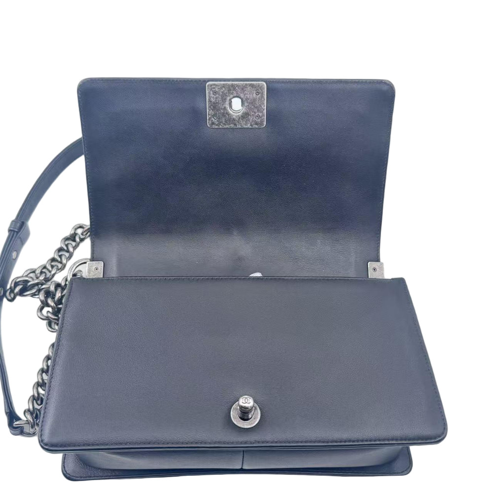 Chanel Leboy V Pattern Black Silver Chain Shoulder Bag Calfskin Leather Medium