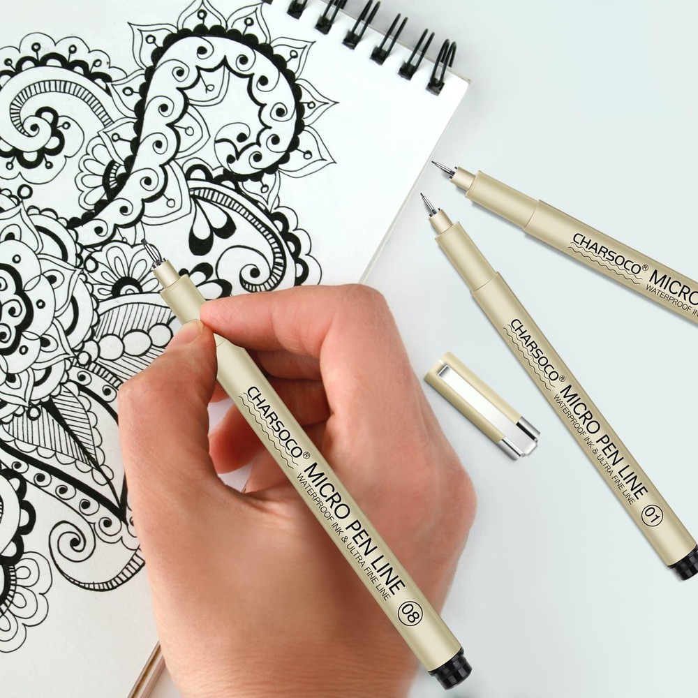 CHARSOCO 01 Micro Pen, 6 Pack Black Fine Point Pen with 【01】,