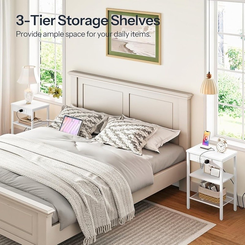 Multi-Functional Side Table W/ Outlets USB Adjustable Shelves Easy Assembly